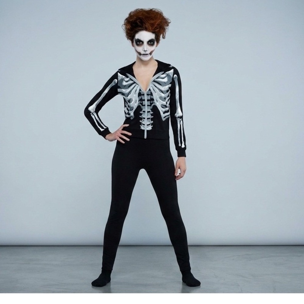 Black & Bone Skeleton Hoodie Costume Full Zip Up Skull Hood Halloween One Size